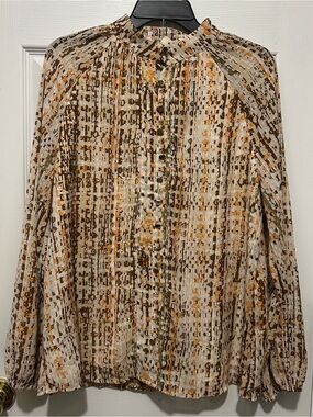 Serafina Collection Neutral & Olive Printed Button-Front Blouse Lg; Fully Lined